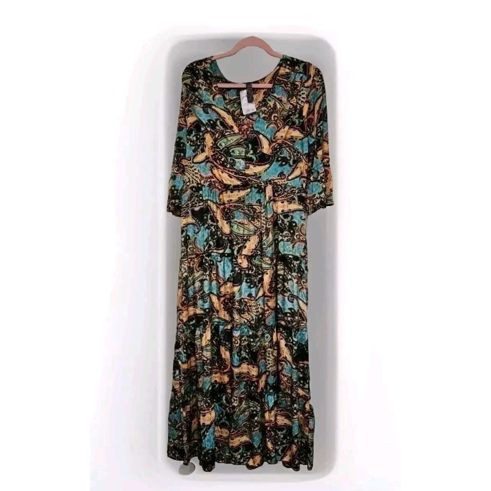 NWT ME 2 MAGIC Tiered Bohemian Maxi Dress Multicolor Grn Blue Blk Floral Paisley